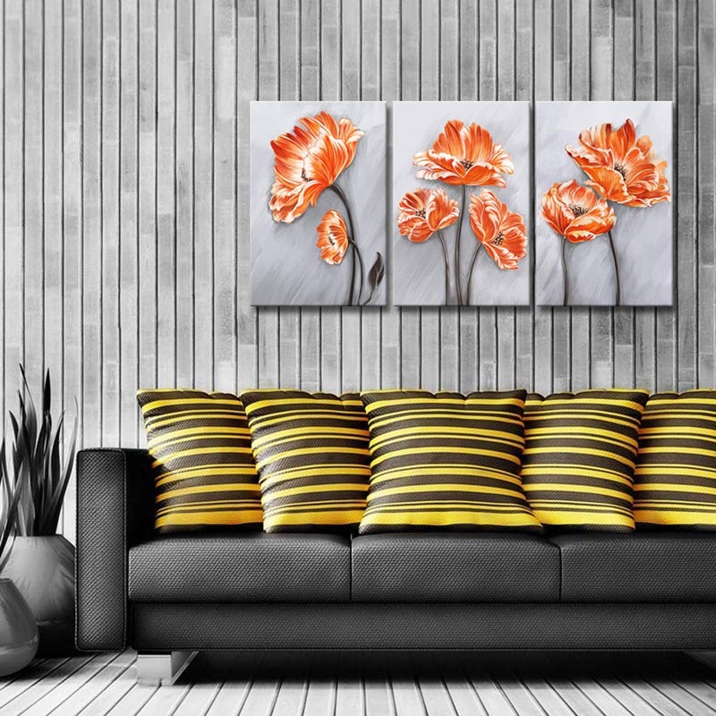 Derkymo 3 Pieces Orange Poppies Picture Elegant Flower Canvas Painting Beautiful Floral in Grey Artwork for Living Room Bedroom Framed Ready to Hang 16"x24"x3pcs - Image 4